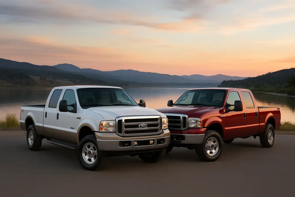2003-2007 Ford 6.0L Powerstroke trucks with a calming scene in the background.